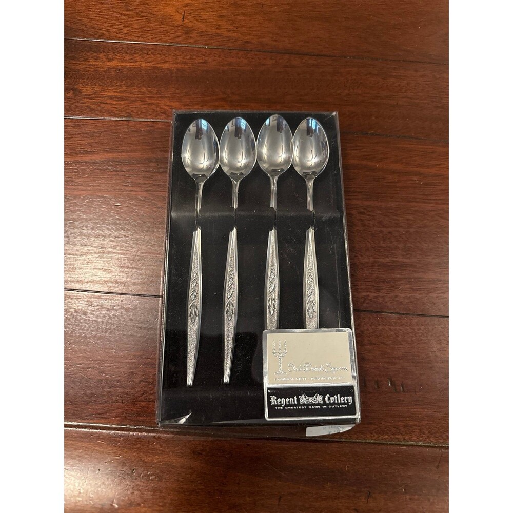 Regent Cutlery 4 Espresso Demitasse Spoons RNT6 Leaves Pattern With Box Japan